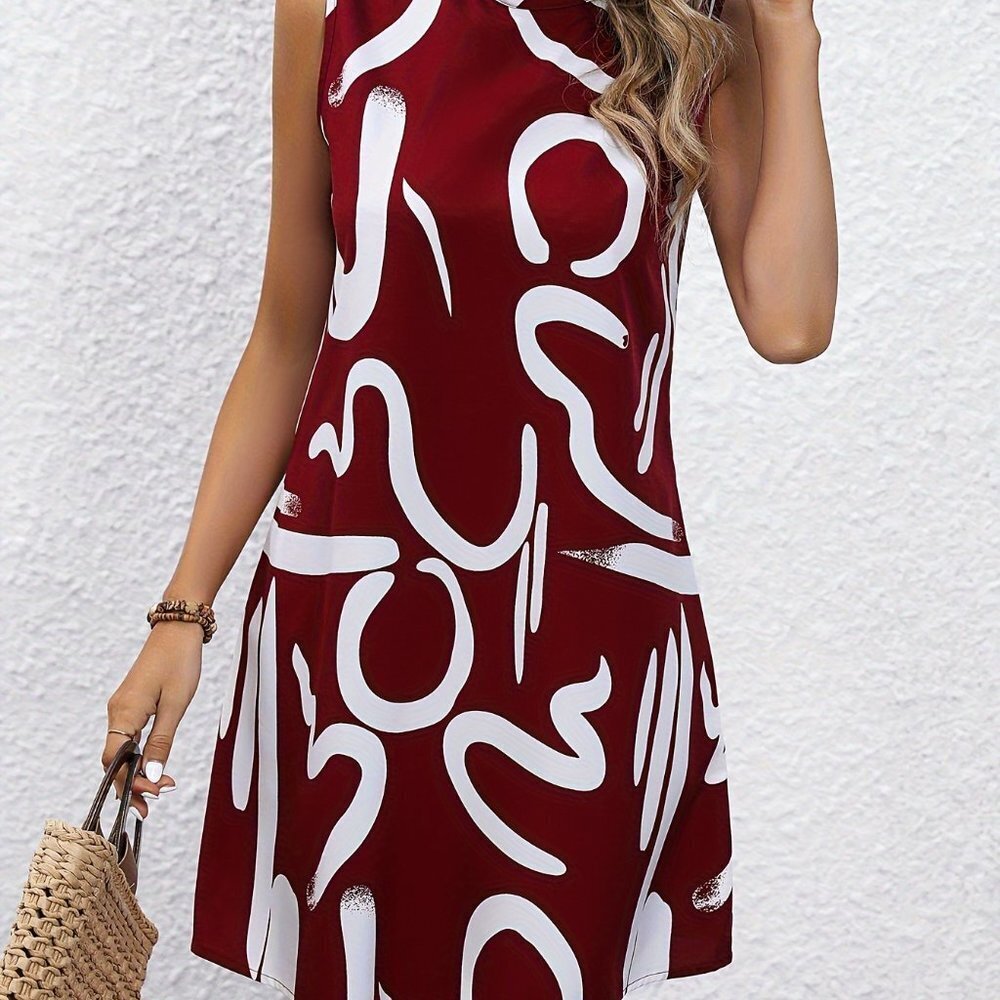 Travel Passions - Burgundy and White chic sleeveless brush print mock neck …